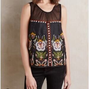 Anthropologie FLOREAT Nalini Beaded Blue Embroidered Beaded‎ Sleeveless Top SZ 2